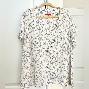 ModCloth White Short Sleeve Cat Print Blouse Shirt